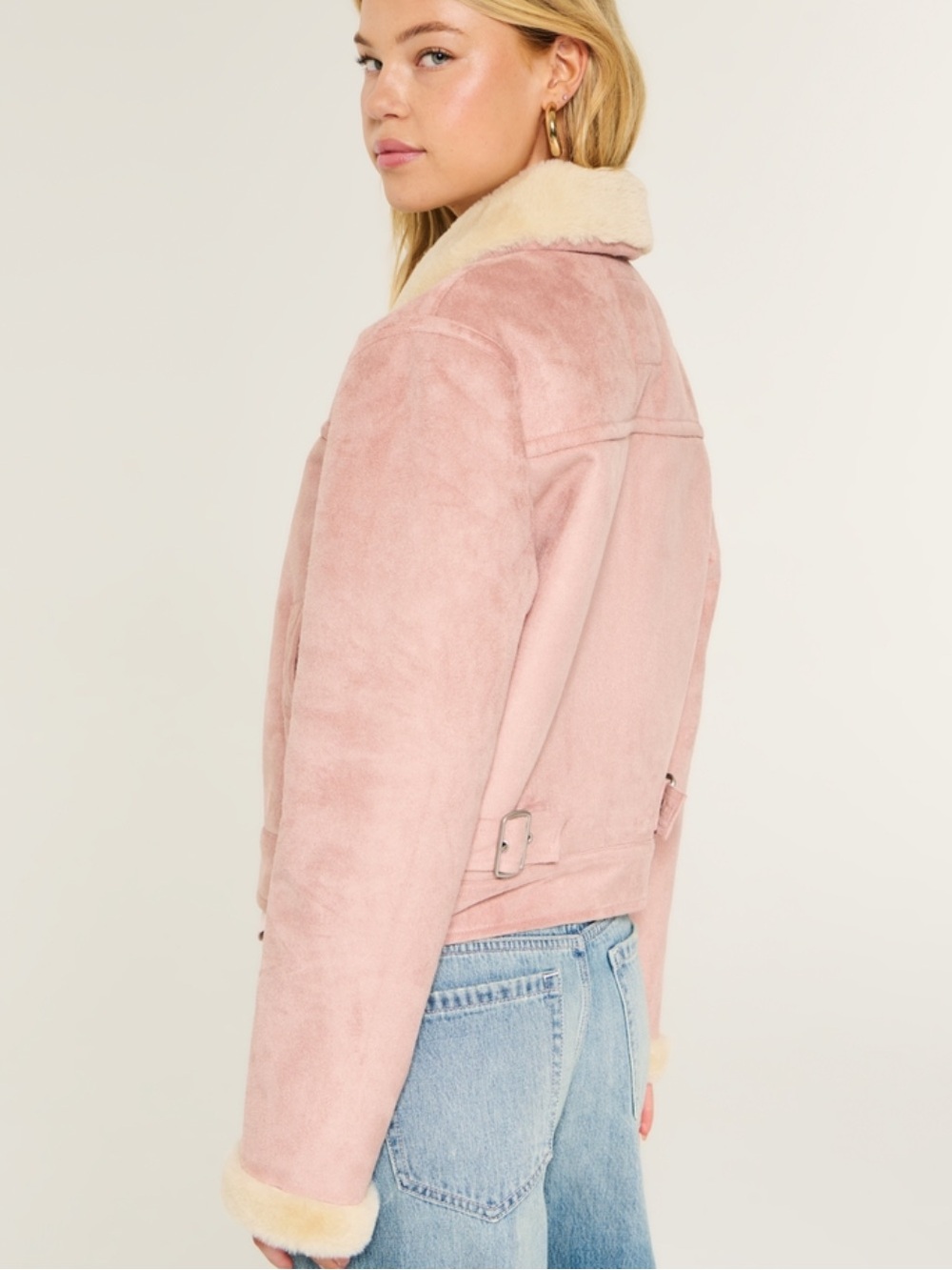 Hollister Blush Faux-Suede Jacket with Cream Faux Fur Collar - Size Small - Picture 3 of 9